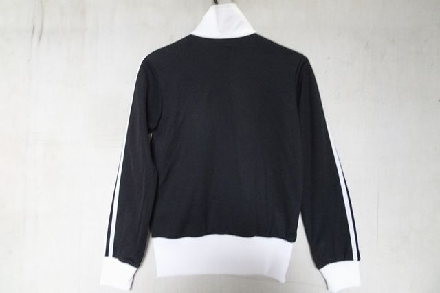 adidas/アディダス/長袖トラックジャケット/ジャージ素材/前ジップアップ/白ライン/白リブ/スポーツ/黒/ブラック/Mサイズ(6/3R7)