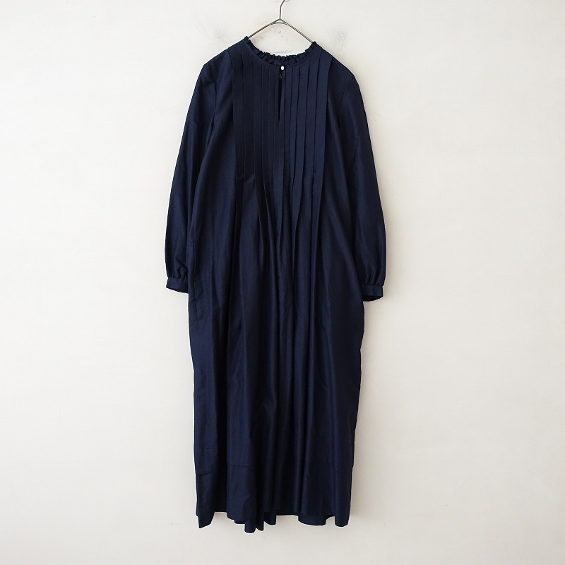 【定価7.1萬(wàn)】ミナペルホネン mina perhonen *calmシルクウールタックプリーツフレアワンピース*38ネイビー(2-2505-2)【50F52】