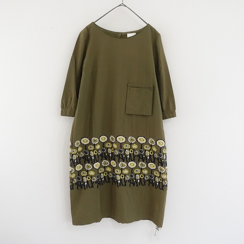 【難あり/定価4.6萬】ミナペルホネンランドリー mina perhonen laundry *path 刺しゅうワンピース*38カーキ(25-2505-589)【22F52】