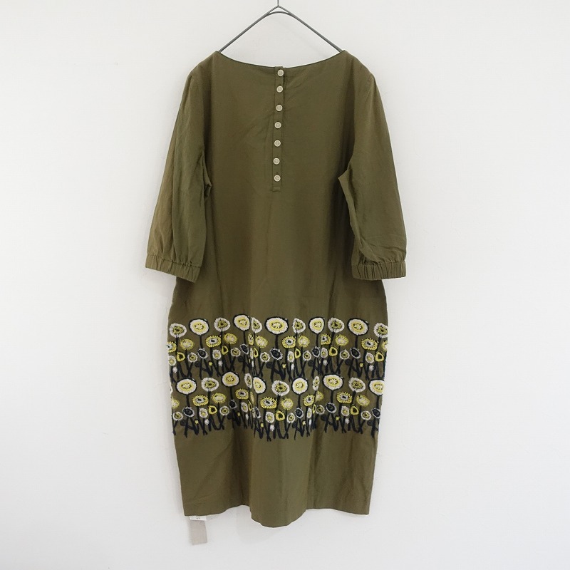 【難あり/定価4.6萬】ミナペルホネンランドリー mina perhonen laundry *path 刺しゅうワンピース*38カーキ(25-2505-589)【22F52】