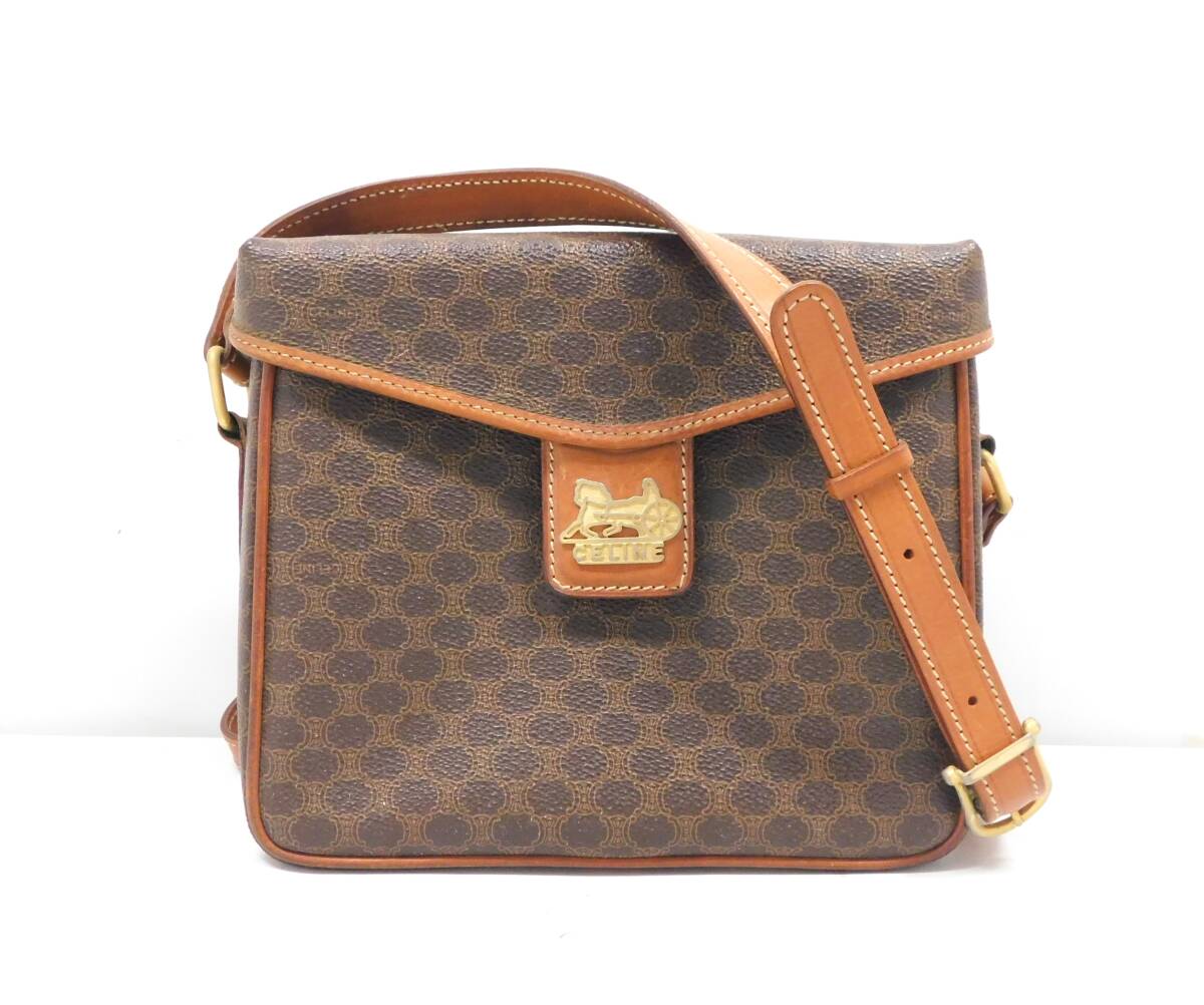 CELINE セリーヌ ▲ マカダム柄 馬車 ショルダーバッグ Vintage レディース M08 ブラウン