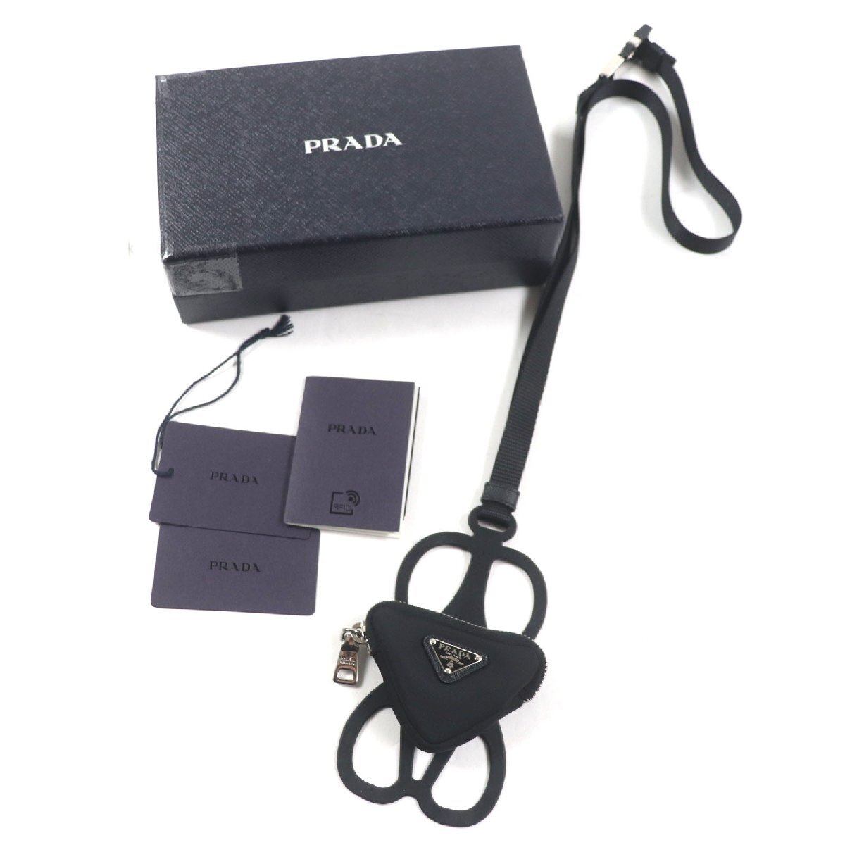 極美品▼PRADA プラダ 1ZT054 ナイロン Re-Nylon トライアングルロゴ ネックストラップ フォンホルダー スマホ ストラップ ブラック 伊制
