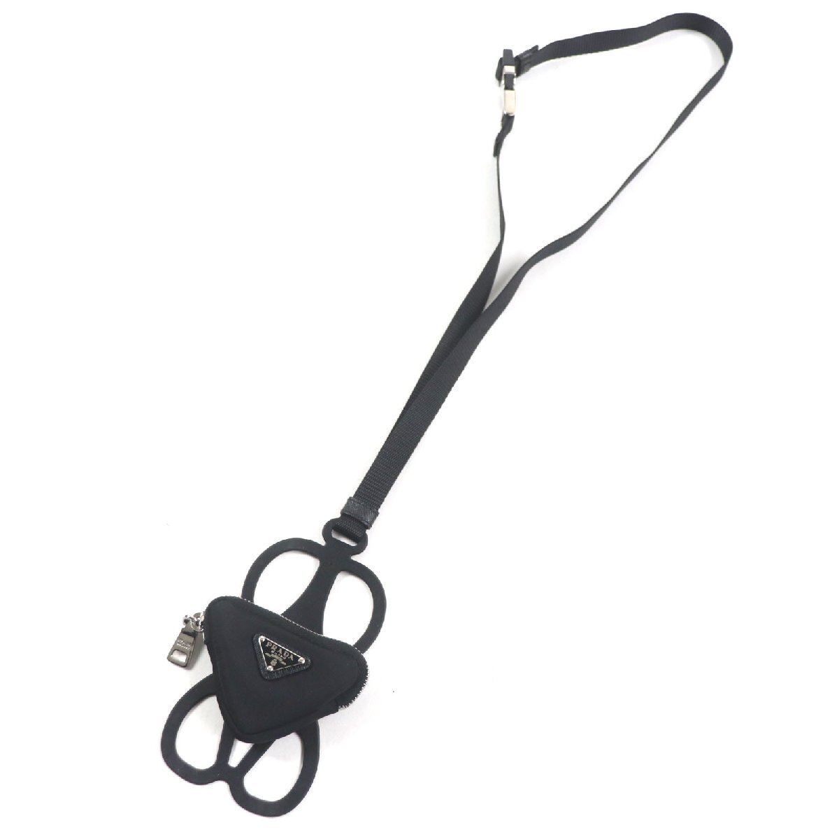 極美品▼PRADA プラダ 1ZT054 ナイロン Re-Nylon トライアングルロゴ ネックストラップ フォンホルダー スマホ ストラップ ブラック 伊制