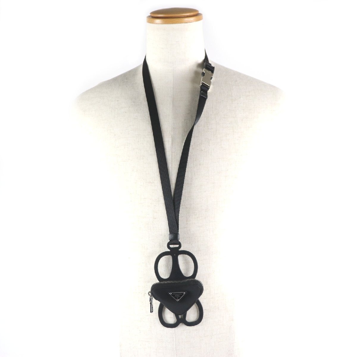 極美品▼PRADA プラダ 1ZT054 ナイロン Re-Nylon トライアングルロゴ ネックストラップ フォンホルダー スマホ ストラップ ブラック 伊制