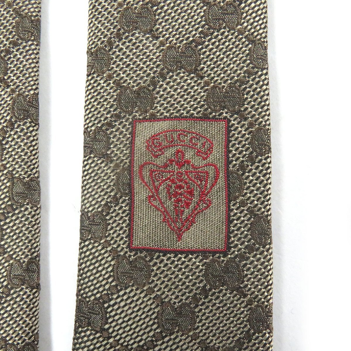 未使用品□GUCCI グッチ 221582 シルク100％ GGロゴ 総柄 ウェブライン ネクタイ レギュラータイ ベージュ イタリア制 メンズ ビジネス◎