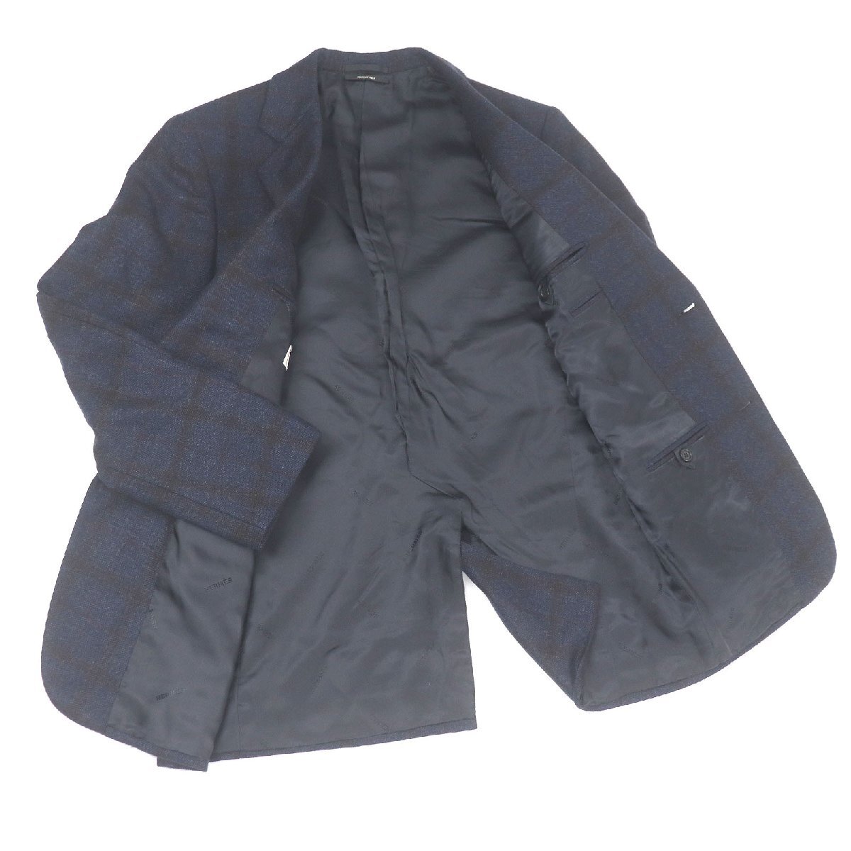 極美品□HERMES エルメス カシミヤ100％ ウィンドウペン シングル アンコンジャケット テーラードジャケット ネイビー 46 伊製 正規品_画像3