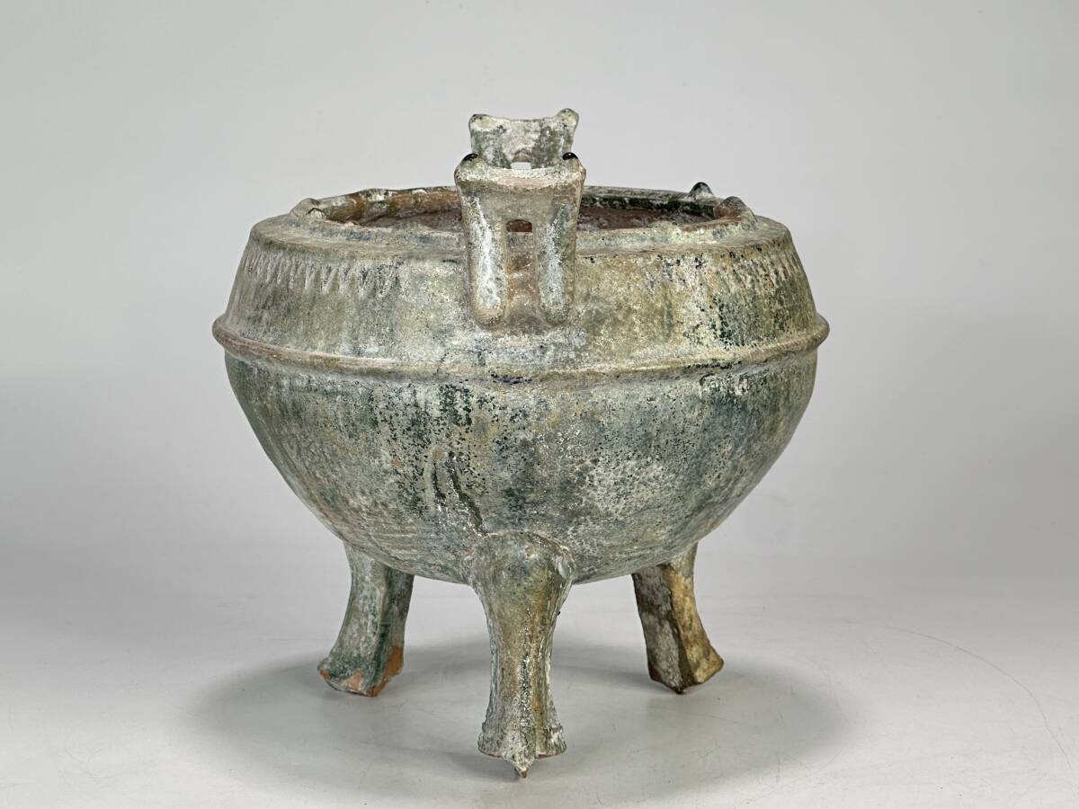 中国 漢緑釉 香合 時代箱付 C R7980 UJ12-14 中国美術 漢時代 漢緑釉 三足鼎 香炉 銀化 時代物 古物