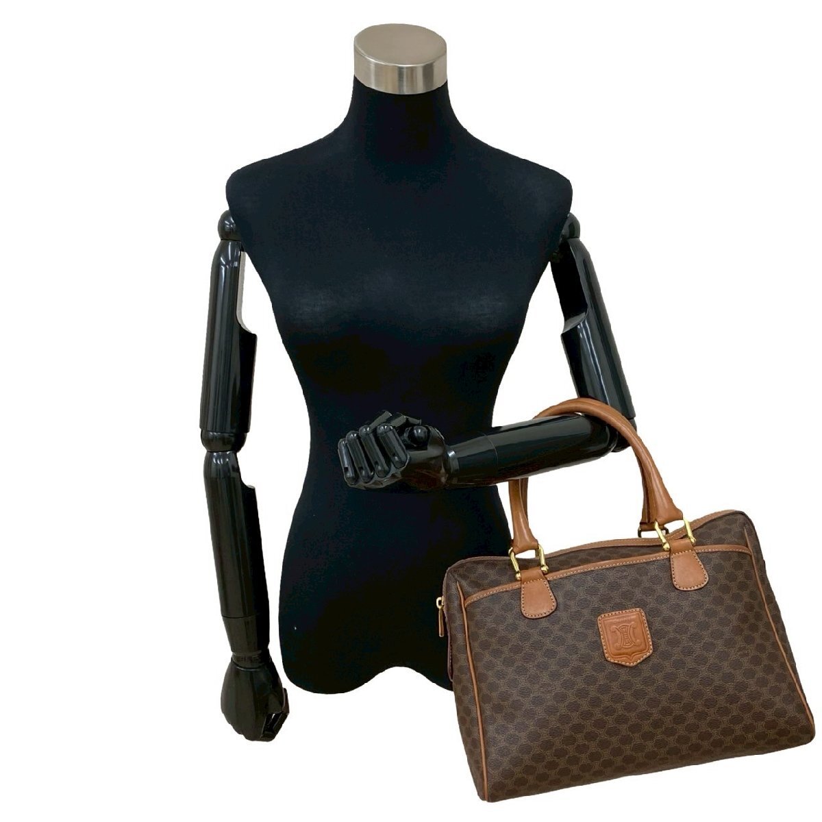 極 美品 CELINE セリーヌ ヴィンテージ マカダム ブラゾン トリオンフ 柄 レザー 本革 ハンドバッグ ミニ ボストンバック ブラウン 427-5