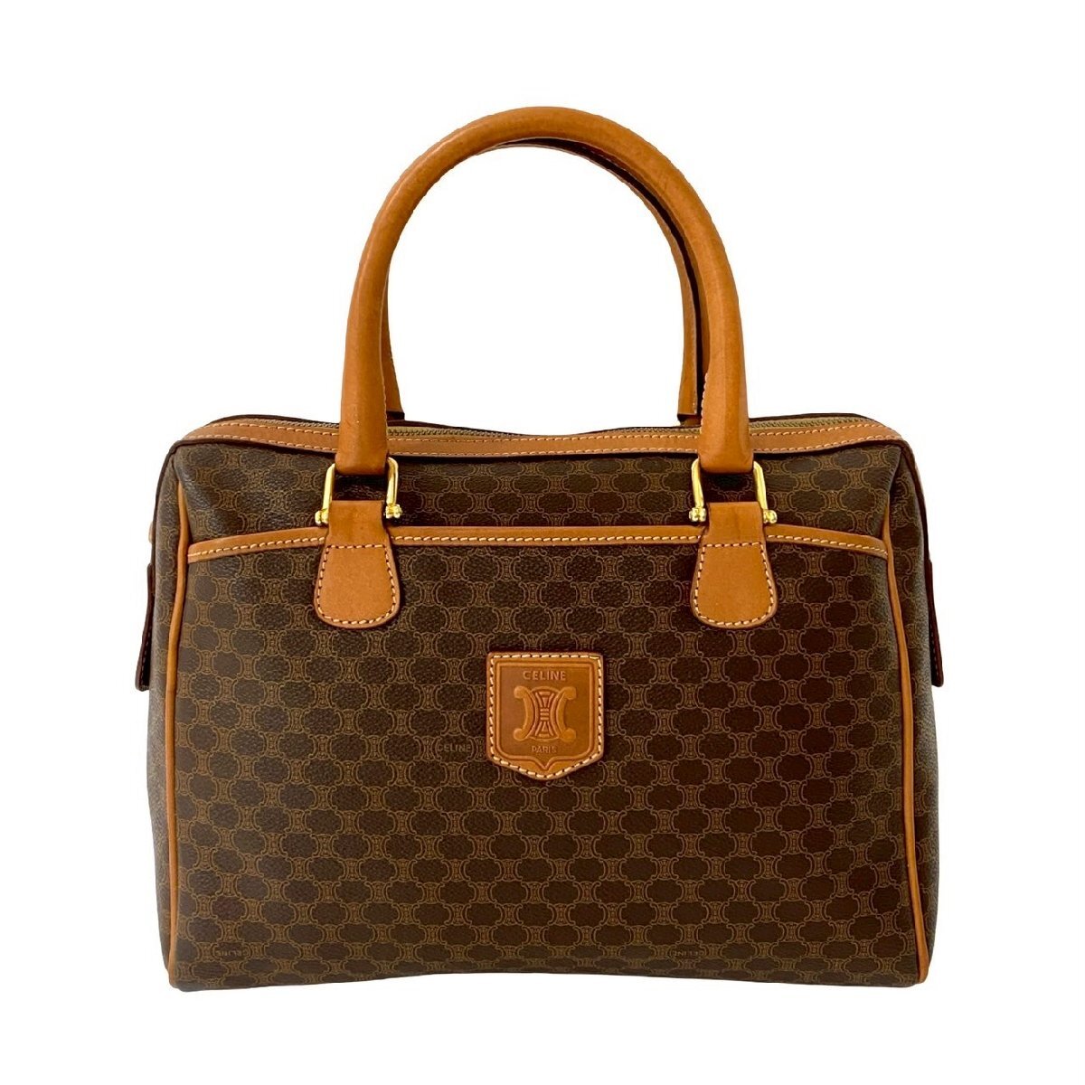 極 美品 CELINE セリーヌ ヴィンテージ マカダム ブラゾン 柄 トリオンフ ロゴ レザー 本革 ハンドバッグ ボストンバッグ ブラウン 551-2