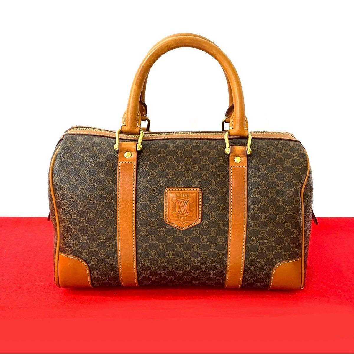 極 美品 CELINE セリーヌ ヴィンテージ マカダム ブラゾン トリオンフ 柄 レザー ハンドバッグ ミニ ボストンバッグ ブラウン 924-1