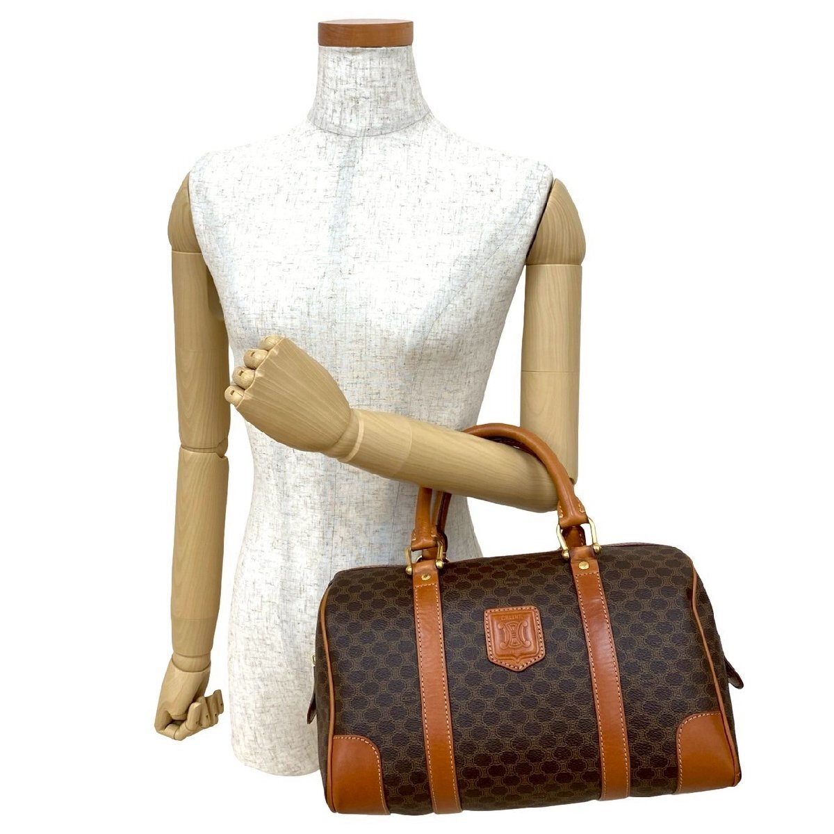 極 美品 CELINE セリーヌ ヴィンテージ マカダム ブラゾン トリオンフ 柄 レザー ハンドバッグ ミニ ボストンバッグ ブラウン 924-1