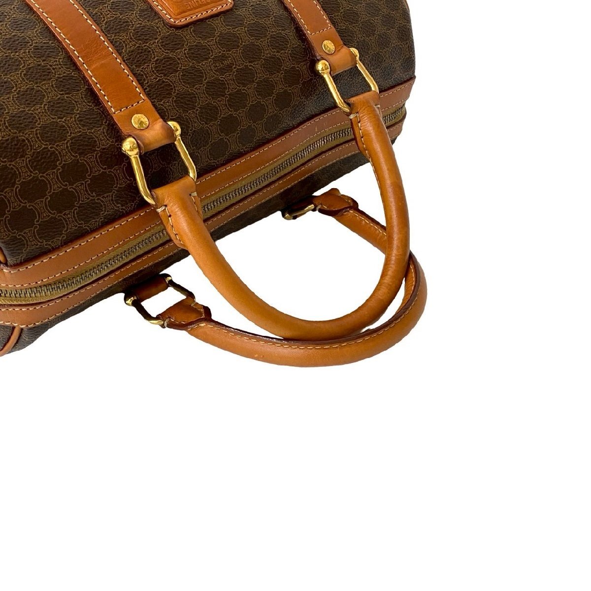 極 美品 CELINE セリーヌ ヴィンテージ マカダム ブラゾン トリオンフ 柄 レザー ハンドバッグ ミニ ボストンバッグ ブラウン 924-1