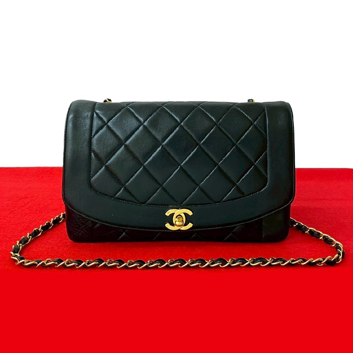極 美品 シール有 2番臺(tái) CHANEL シャネル マトラッセ ダイアナフラップ ココ ラムスキン レザー チェーン ショルダーバッグ ブラック 573-1