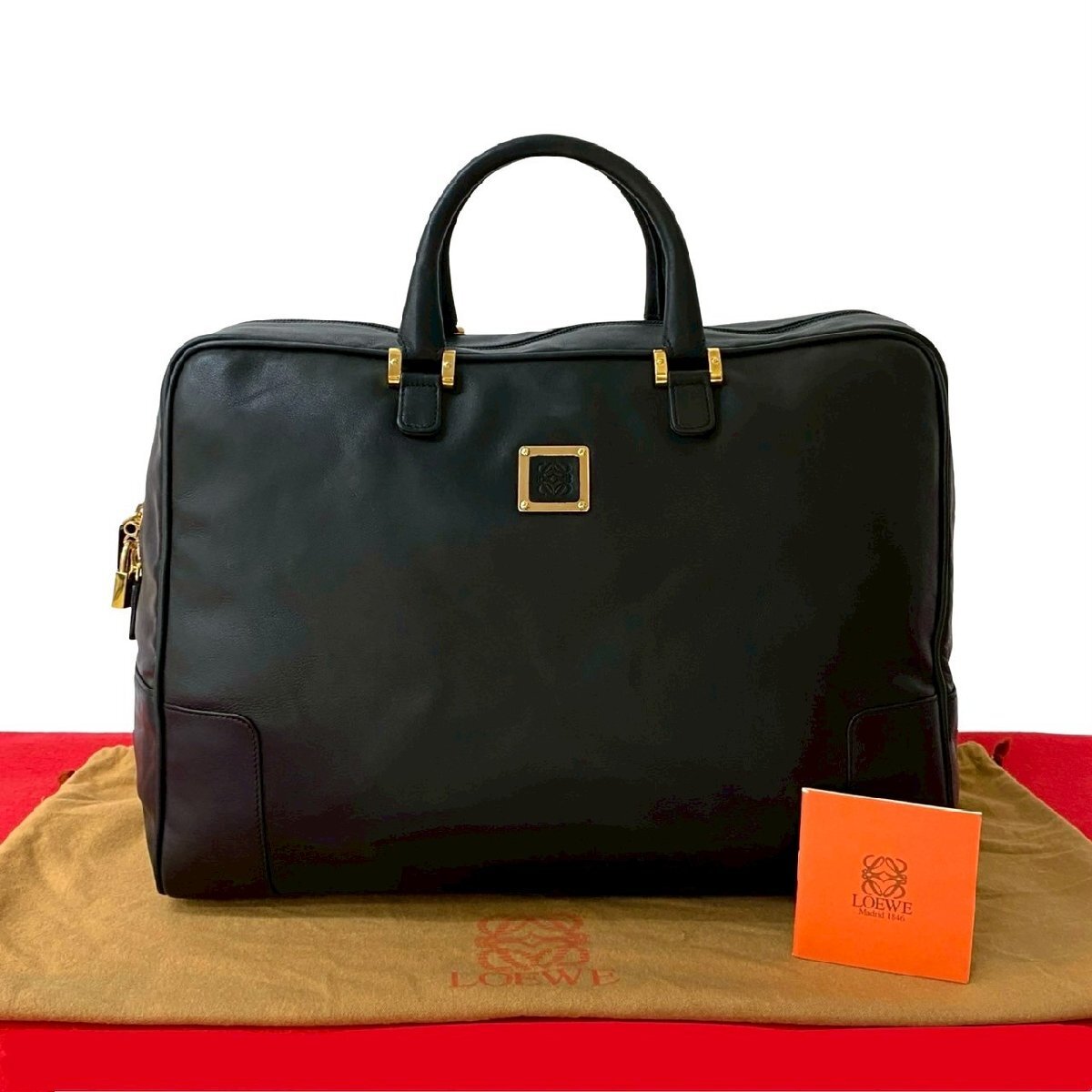 極 美品 希少品 袋付き LOEWE ロエベ アナグラム ロゴ 金具 エンボス レザー 本革 ボストンバッグ ハンドバッグ ブラック 黒 34013