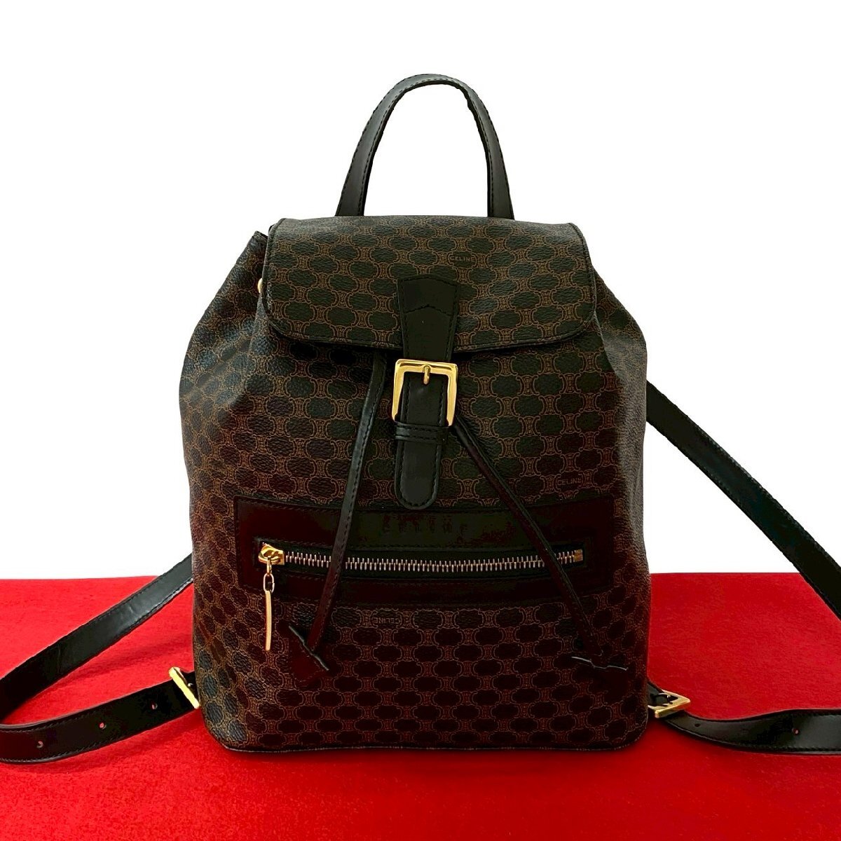 ほぼ未使用 CELINE セリーヌ マカダム ブラゾン トリオンフ 柄 レザー 巾著 リュックサック デイパック バックパック ブラック 19931