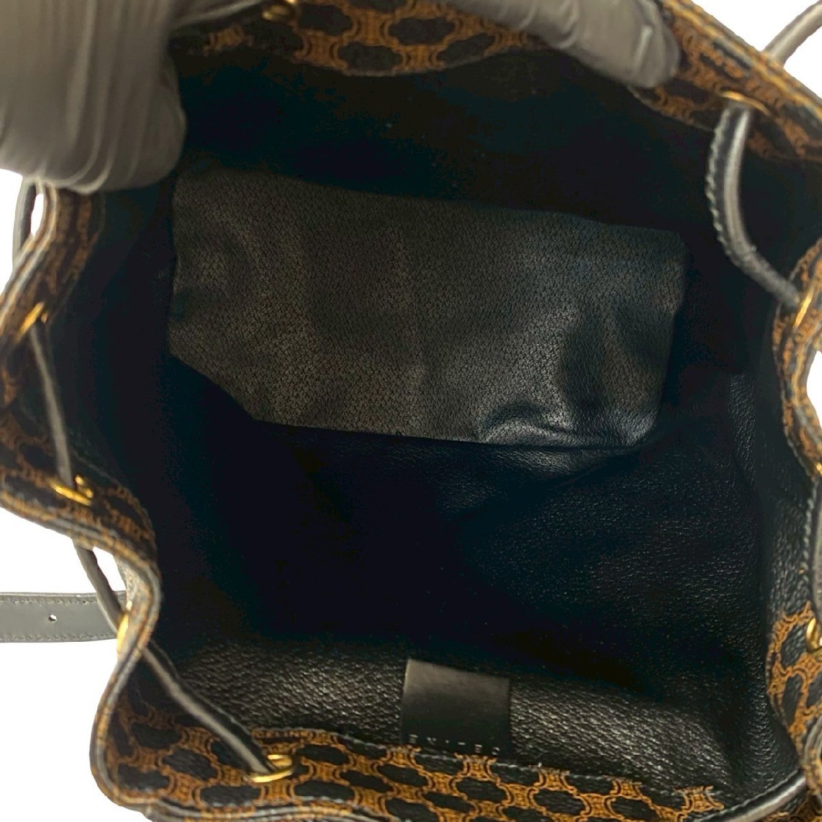 ほぼ未使用 CELINE セリーヌ マカダム ブラゾン トリオンフ 柄 レザー 巾著 リュックサック デイパック バックパック ブラック 19931
