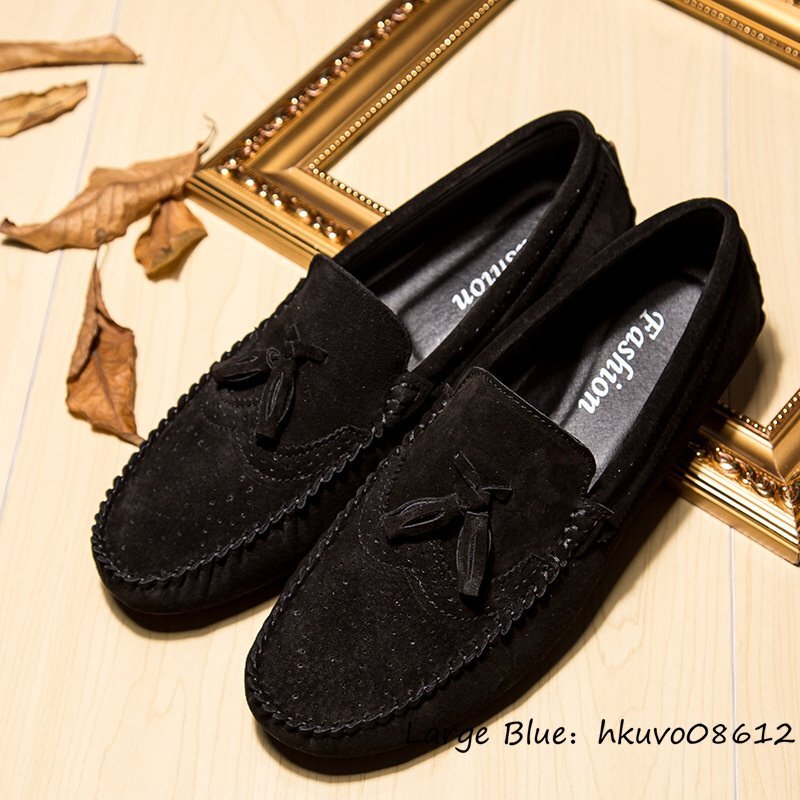  новый товар # Loafer туфли без застежки мужской весна лето осень обувь для вождения замша кожа BROGUE кисточка "дышит" телячья кожа джентльмен обувь . цвет черный 26.5cm