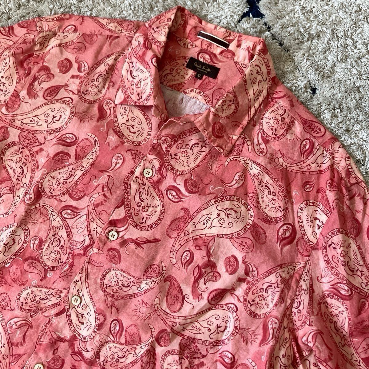 美品◆XLサイズ！Paul Smith COLLECTION ポールスミス コレクション シャツ 総柄 ペイズリー リネン100% リネン 麻 長袖 メンズ レッド 赤