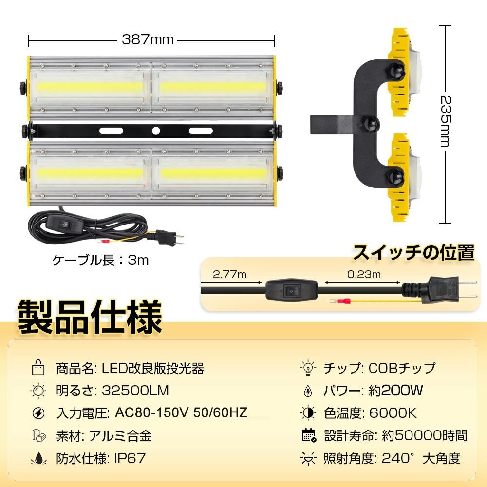 【即納】LED投光器 200W 2000W相當(dāng) 32500LM 広角240°晝光色 6000K 3mコード AC80-150V IP67防水 作業(yè)燈 看板 集魚燈 駐車場(chǎng) 送料無(wú)料 5個(gè)