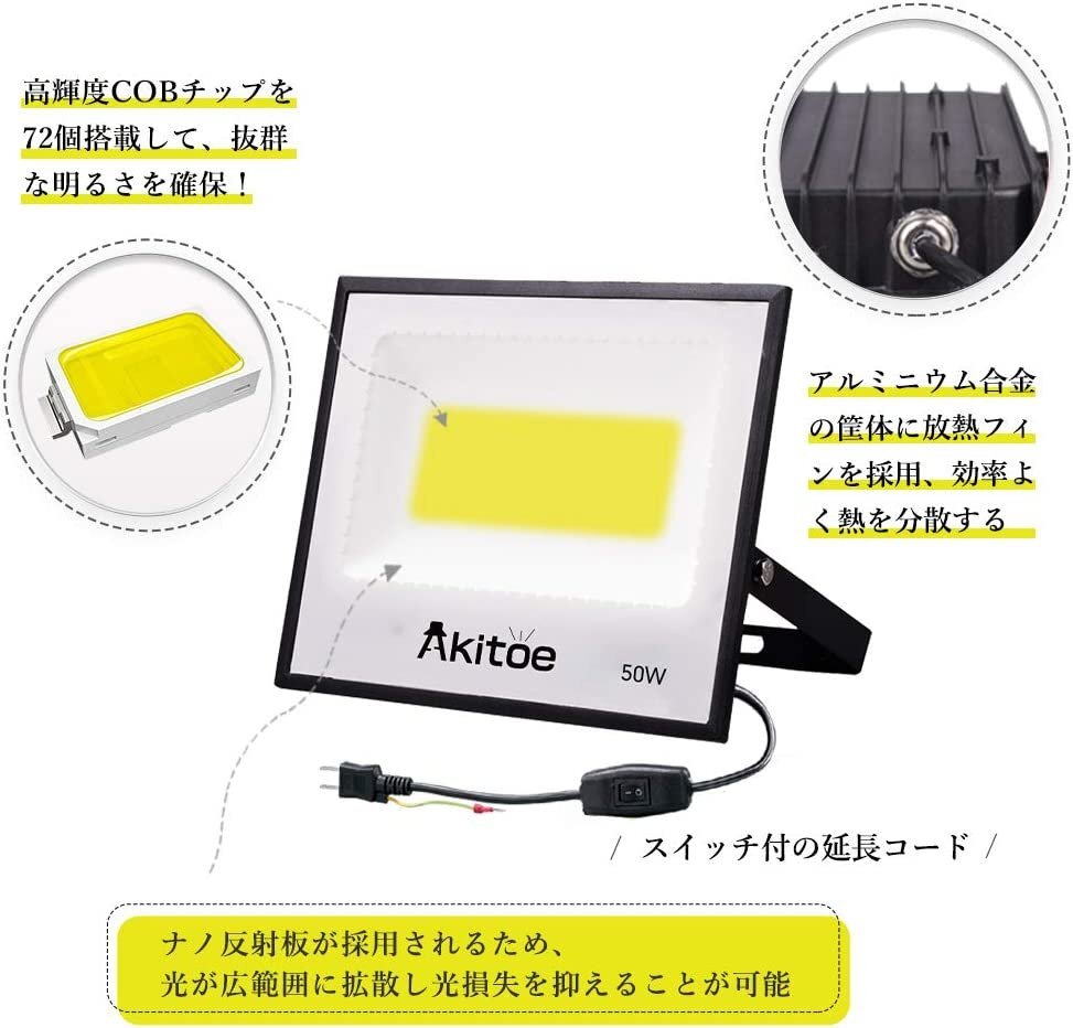 即納！LED投光器 50W 4臺 8000LM 晝光色 6500K 防水防塵 3mコード 超薄型 スイッチ付き 高輝度 IP66 防水防塵 AC 送料無料 MKT-N050