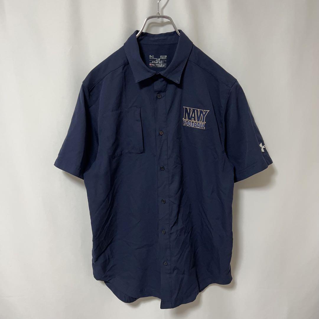 N-4489 UNDER ARMOUR アンダーアーマー アメリカ古著 ワークシャツ 半袖 企業(yè)ロゴ 刺繍 ワッペン L ネイビー 紺