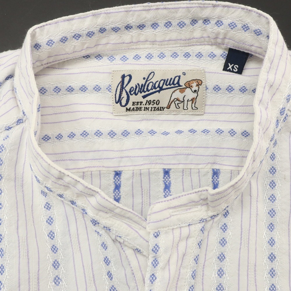 【中古】ベヴィラクア BEVILACQUA コットンレーヨン バンドカラー カジュアルシャツ ホワイトxブルー【サイズXS】