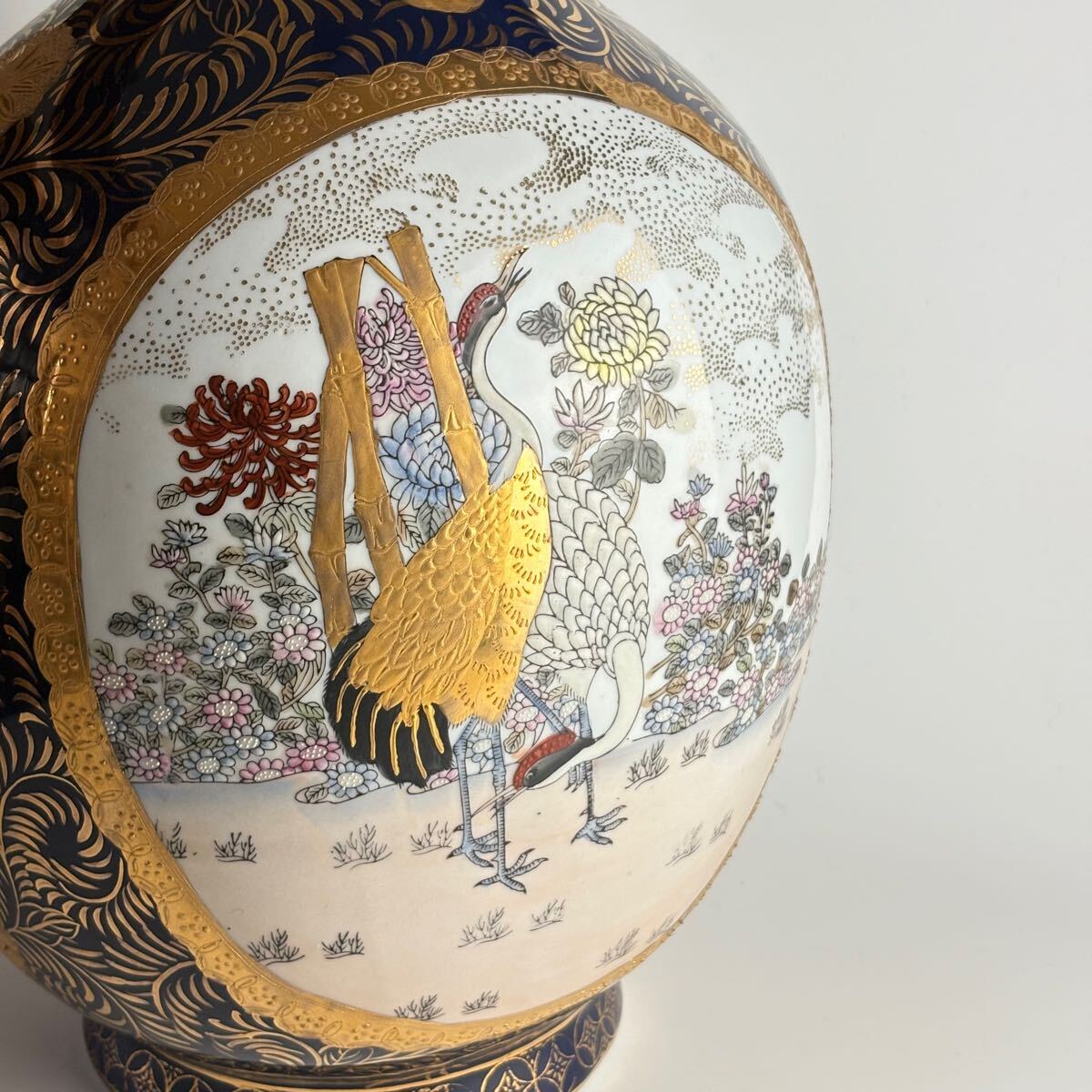 栄盛窯 瀧山作 薩摩焼 金襴手 花鳥図 鶴首花瓶 高さ約65cm 花瓶