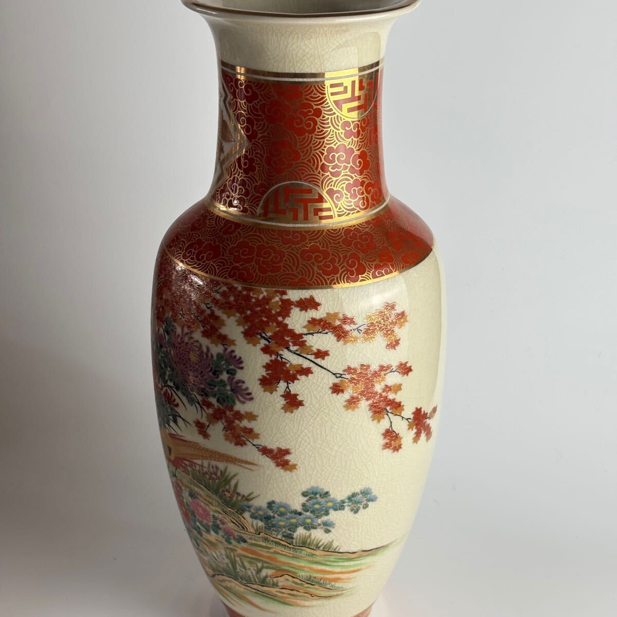九谷焼 明陶窯 豪華 金彩 紅葉 孔雀鳥花紋絵図 花瓶 高さ約48cm
