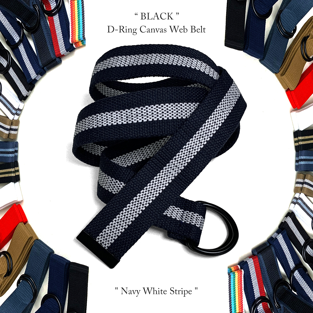 送料260円 ブラック ダブルリング キャンバス ウェブ ベルト Navy White Stripe メンズ レディース ウェブ フリー 無地 BELT W D リング
