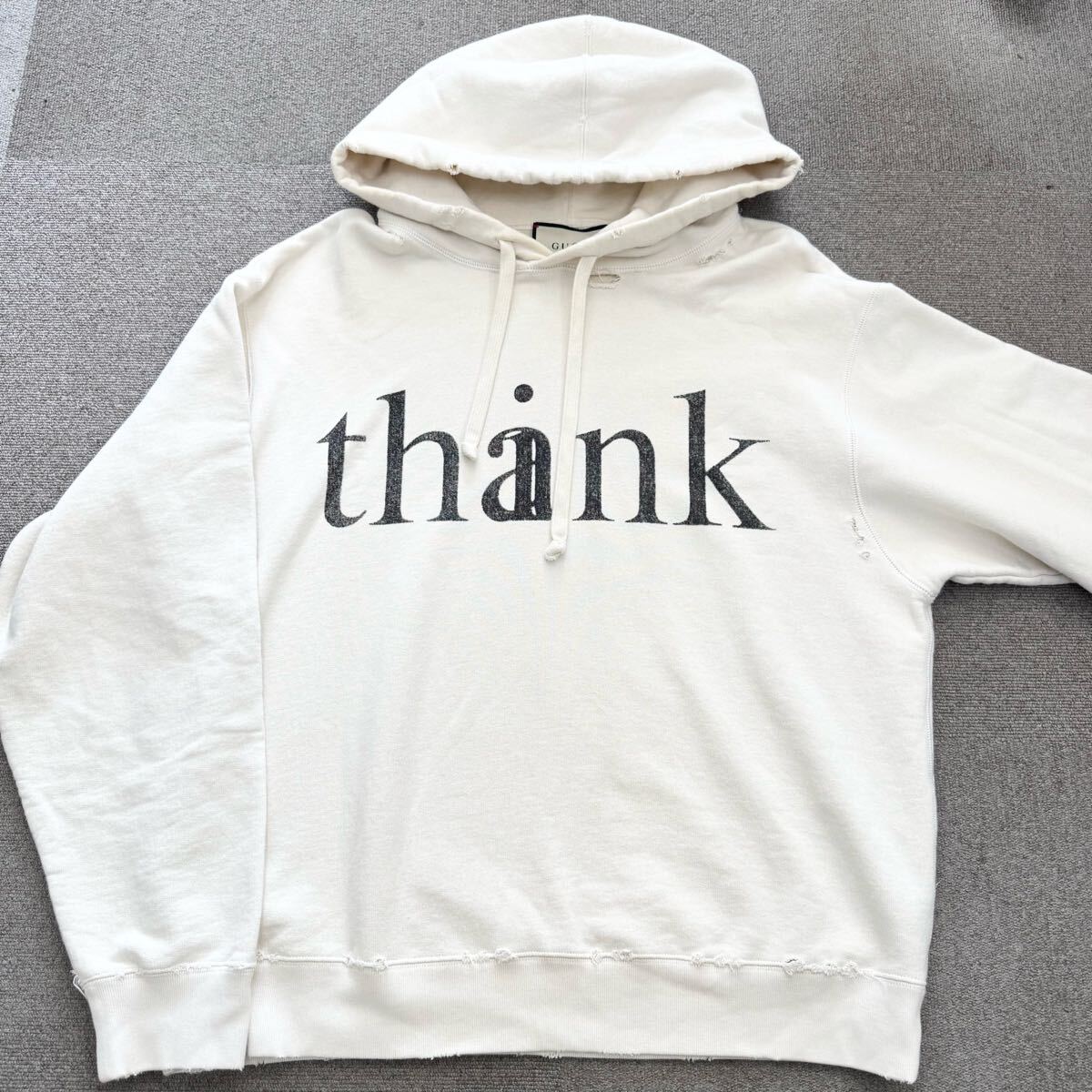 146『美品?現(xiàn)行タグ』 GUCCI グッチ メンズ プルオーバー パーカー スウェット フーディ THINK THANK ダメージ加工 オフホワイト Mサイズ