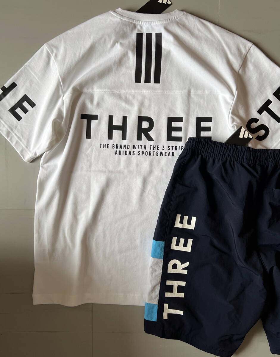 adidas■アディダス〔L〕上下セット Tシャツ ハーフパンツ セットアップ 白 ホワイト ネイビー 青 ブルー グレー ゆるめ 25'正規(guī)品 