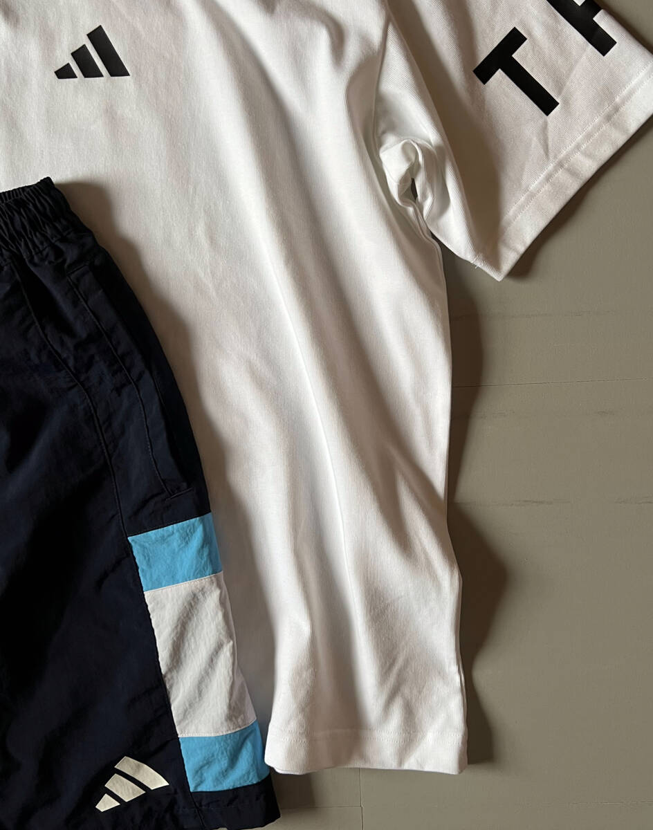 adidas■アディダス〔2XL〕上下セット Tシャツ ハーフパンツ セットアップ 白 ホワイト ネイビー 青 ブルー グレー ゆるめ 25'正規(guī)品 
