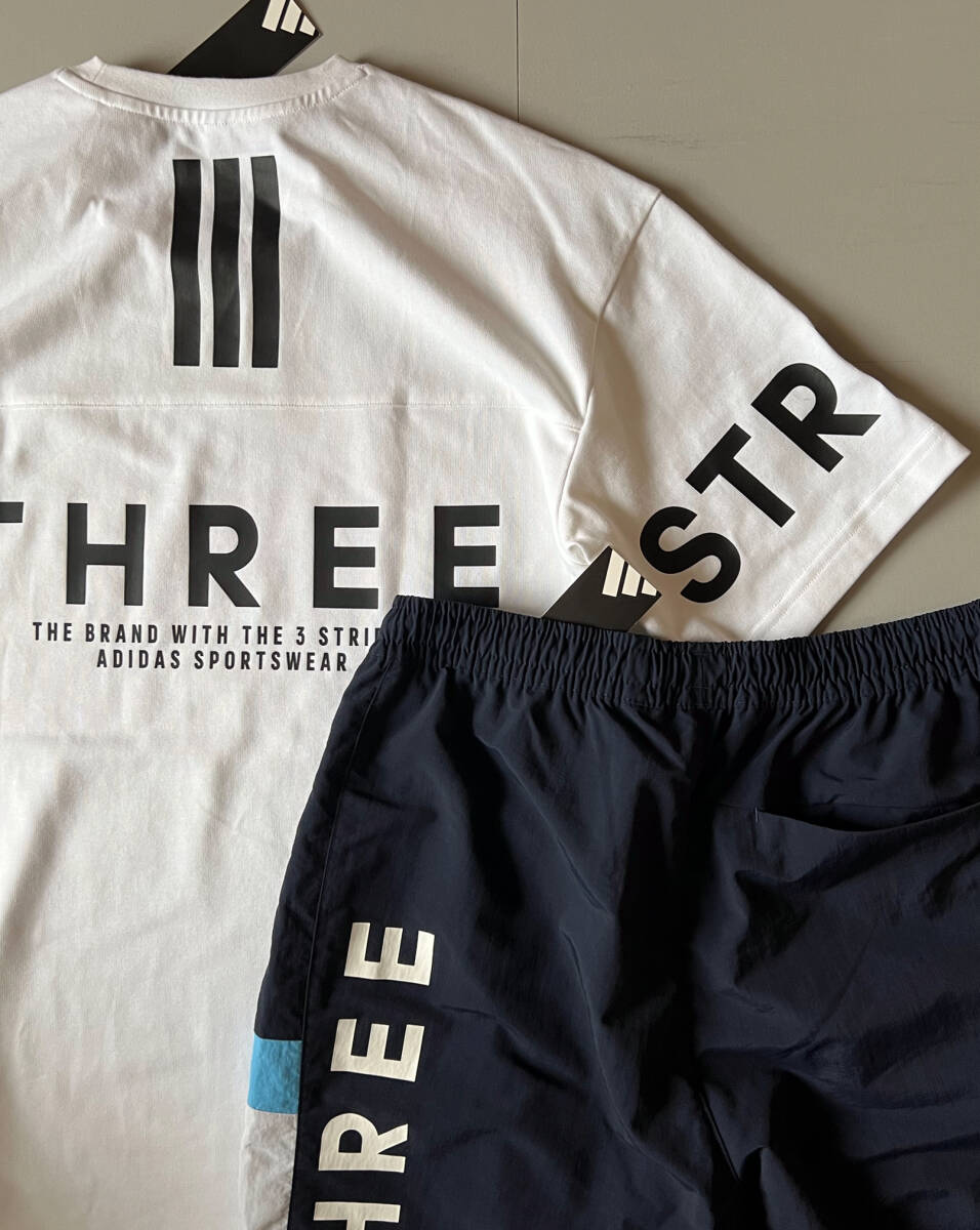 adidas■アディダス〔2XL〕上下セット Tシャツ ハーフパンツ セットアップ 白 ホワイト ネイビー 青 ブルー グレー ゆるめ 25'正規(guī)品 