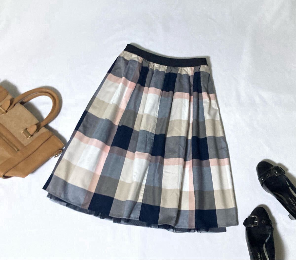 美品 ブルーレーベルクレストブリッジ チェックとチュールのリバーシブルスカート 38 送料230円?