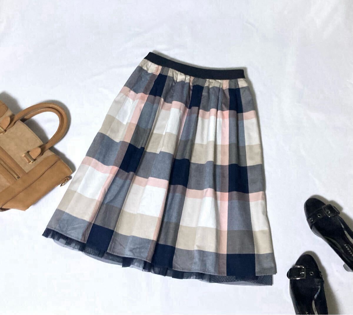 美品 ブルーレーベルクレストブリッジ チェックとチュールのリバーシブルスカート 38 送料230円?