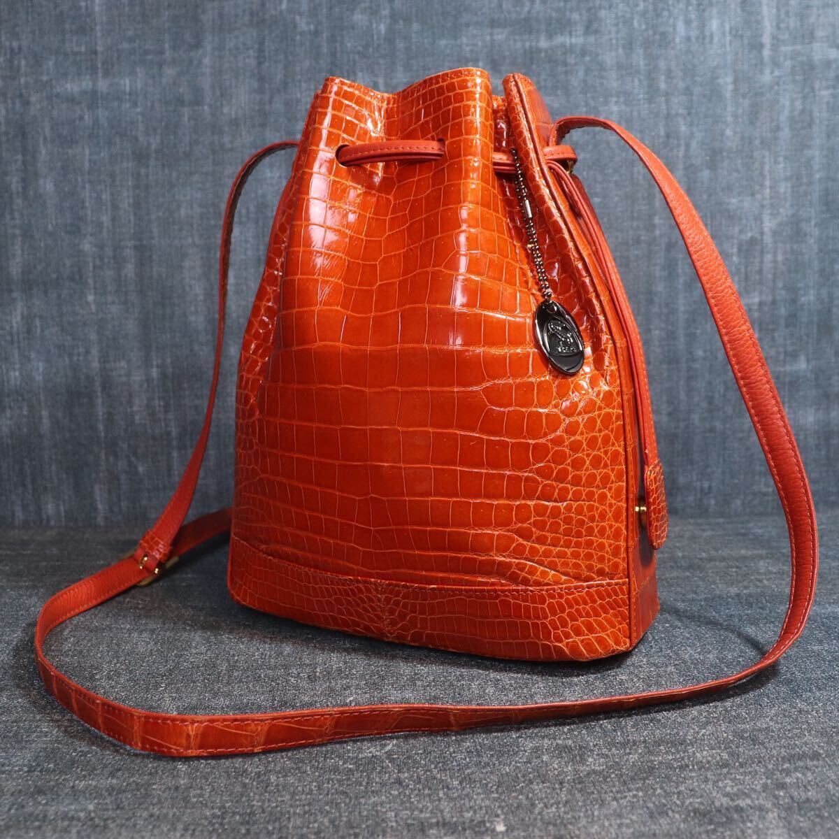 １円スタート JRA クロコダイル 希少カラー センター取 オレンジ 巾著 ショルダーバッグ genuine crocodile エキゾチック 1スタ ワニ革