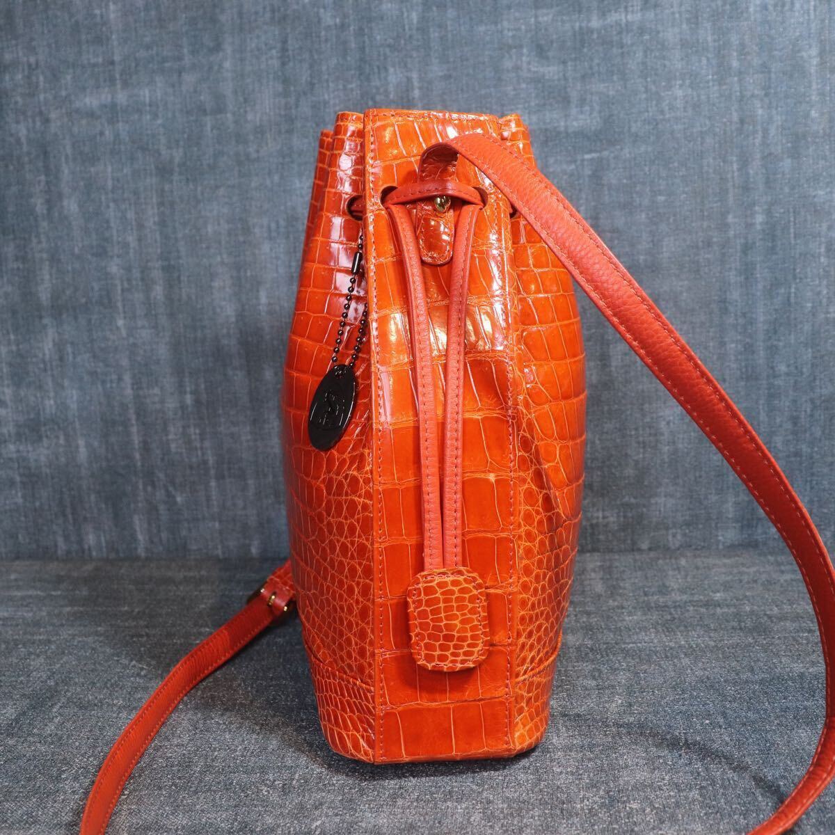 １円スタート JRA クロコダイル 希少カラー センター取 オレンジ 巾著 ショルダーバッグ genuine crocodile エキゾチック 1スタ ワニ革