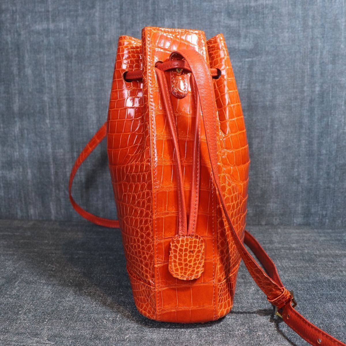 １円スタート JRA クロコダイル 希少カラー センター取 オレンジ 巾著 ショルダーバッグ genuine crocodile エキゾチック 1スタ ワニ革