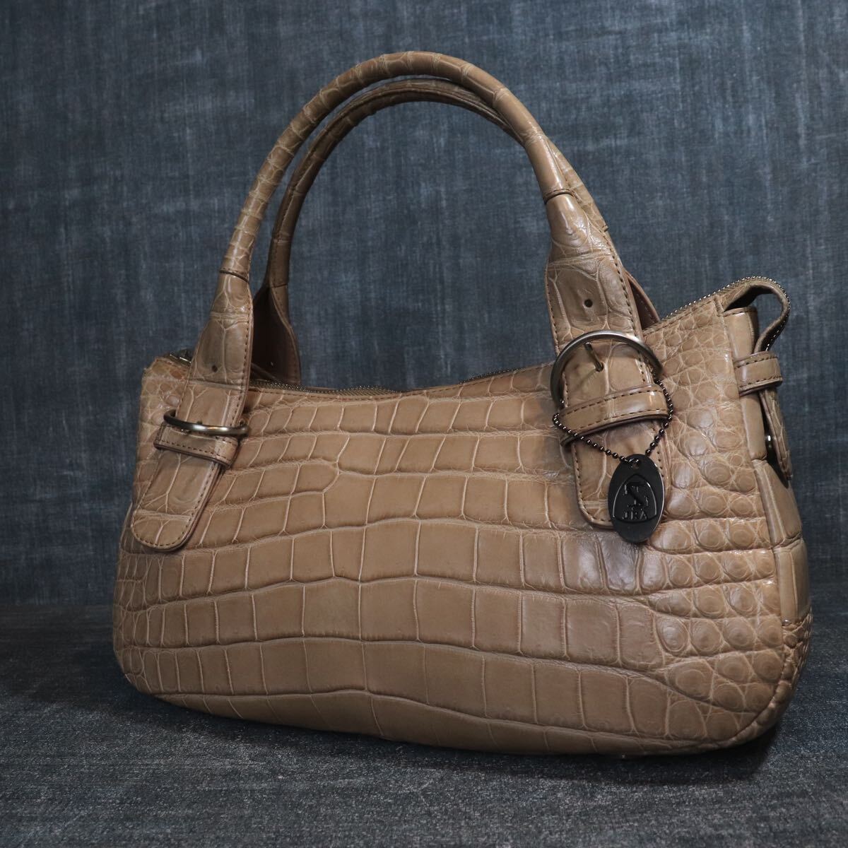１円スタート クロコダイル JRA センター取 マット加工 ベージュ ハンドバッグ genuine crocodile エキゾチックレザー 1スタ ワニ革