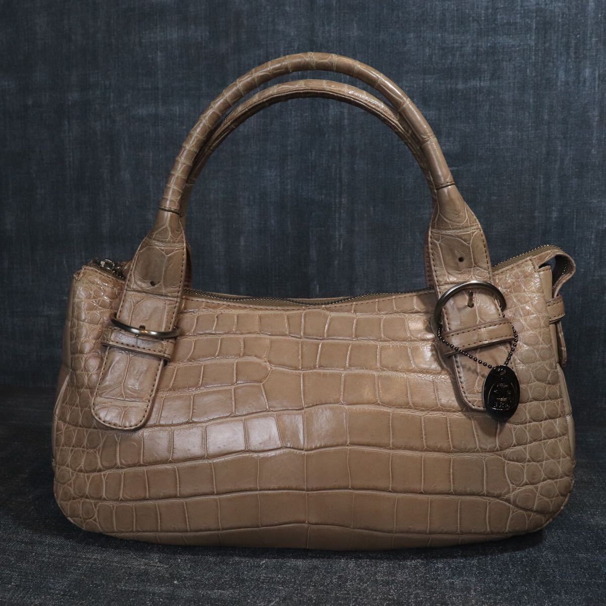 １円スタート クロコダイル JRA センター取 マット加工 ベージュ ハンドバッグ genuine crocodile エキゾチックレザー 1スタ ワニ革
