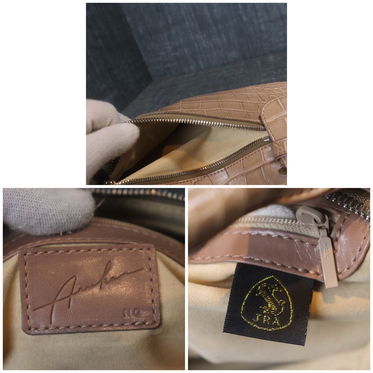 １円スタート クロコダイル JRA センター取 マット加工 ベージュ ハンドバッグ genuine crocodile エキゾチックレザー 1スタ ワニ革