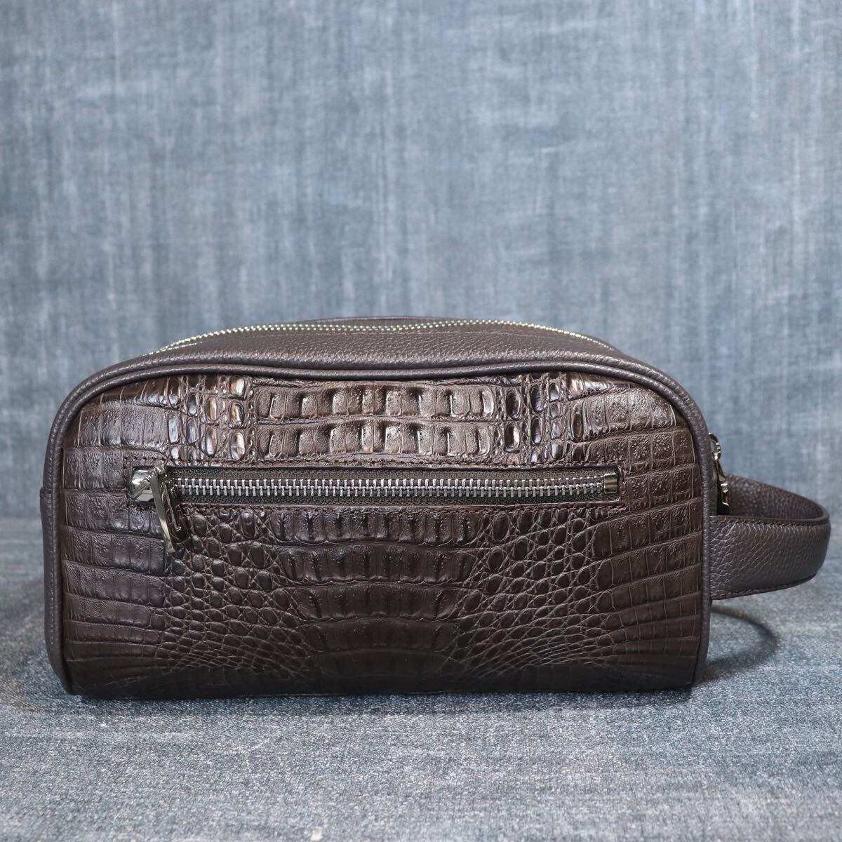 未使用級(jí) １円スタート クロコダイル ダブルジップ ブラウン セカンドバッグ クラッチバッグ genuine crocodile エキゾチック 1スタ ワニ革