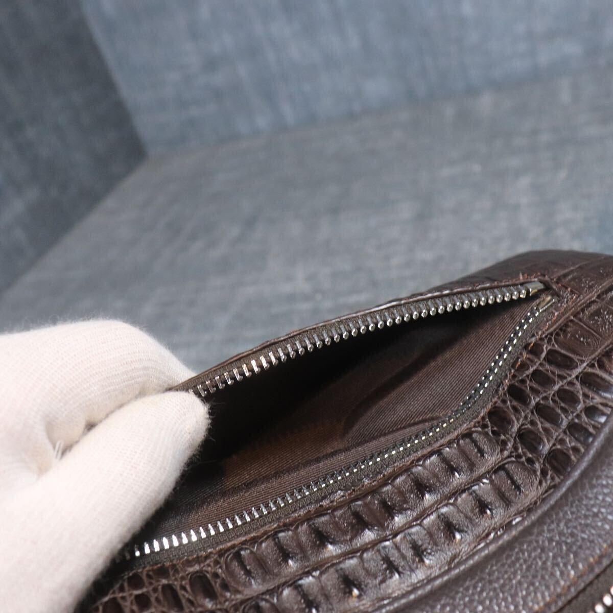 未使用級(jí) １円スタート クロコダイル ダブルジップ ブラウン セカンドバッグ クラッチバッグ genuine crocodile エキゾチック 1スタ ワニ革