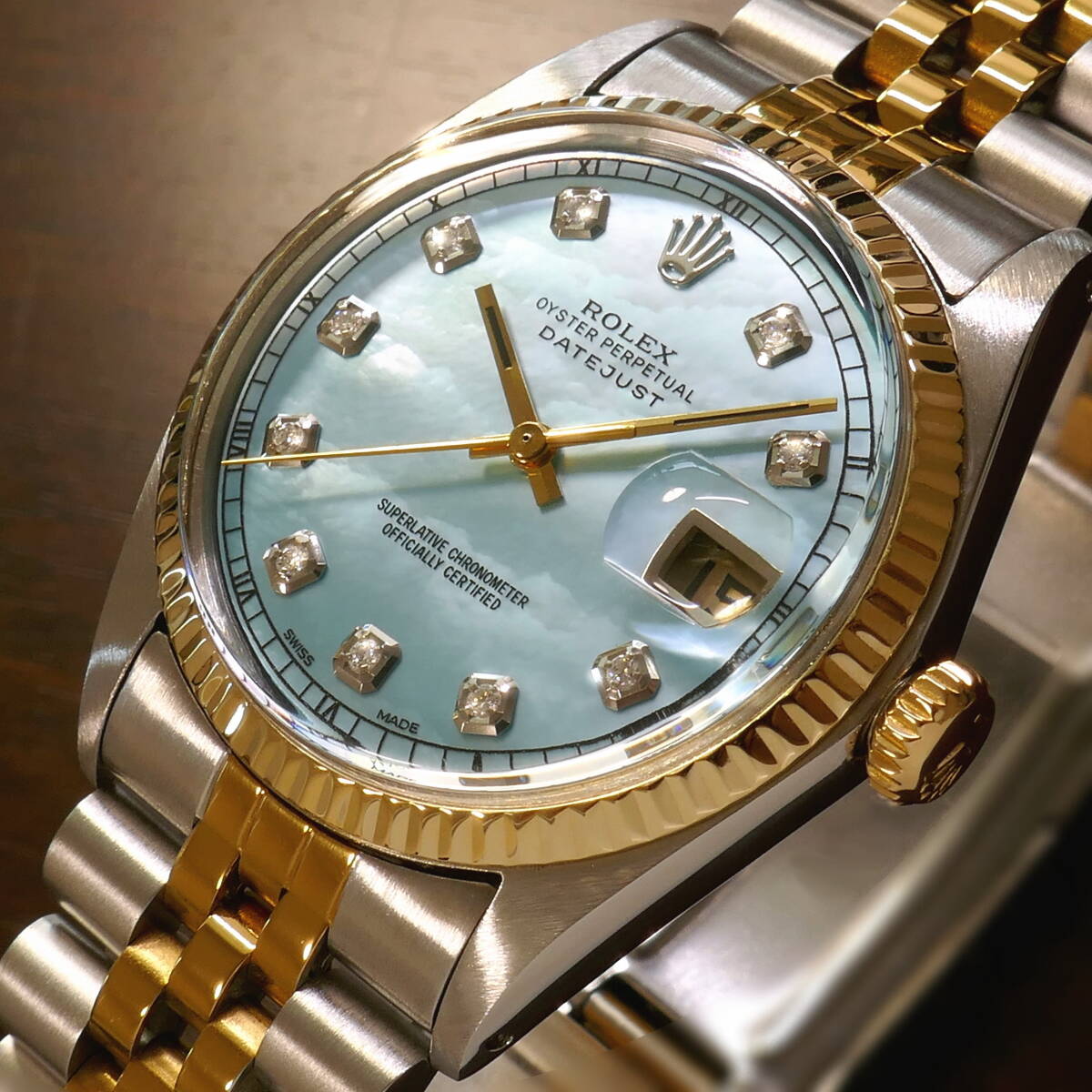 デッドS級極上美品!!★OH済!■ROLEX デイトジャスト■10Pダイヤ ティファニーブルー文字盤!!■R1601 本体