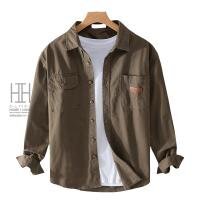 XL コーヒー シャツ メンズ 長袖 ウエスタンシャツ ワークシャツ デザイン 胸ポケット カーキシャツ ライトアウター トップス