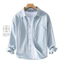 2XL ブルー シャツ メンズ 長袖 カジュアルシャツ 無地 デザインポケット ツイル ワンポイント ワークシャツ 綿 トップス メンズシャツ