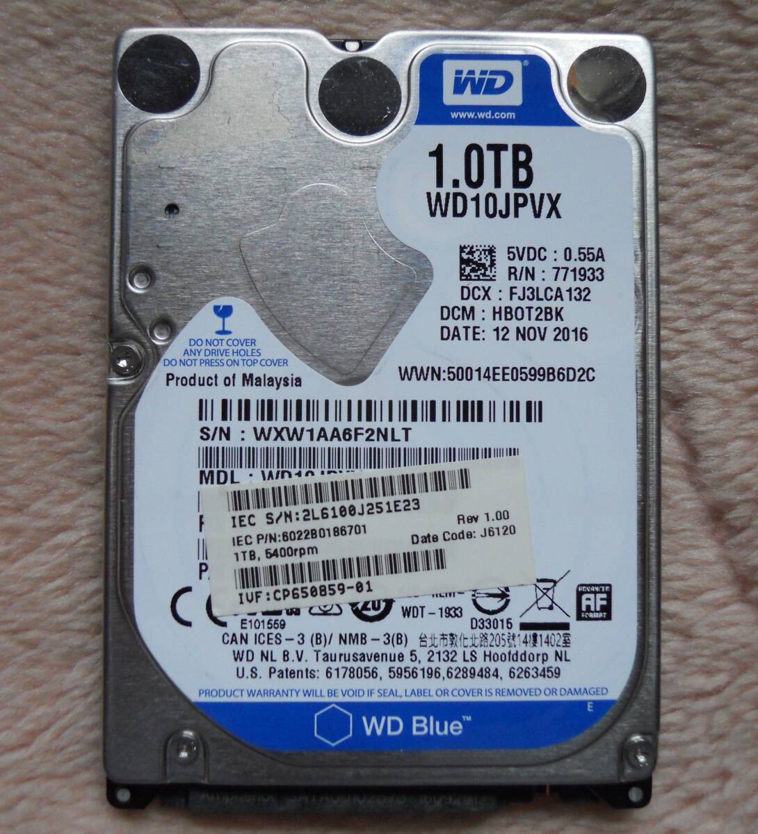 WD HDD 1TB 2.5inch SATA 12NOV2016 【中古品】
