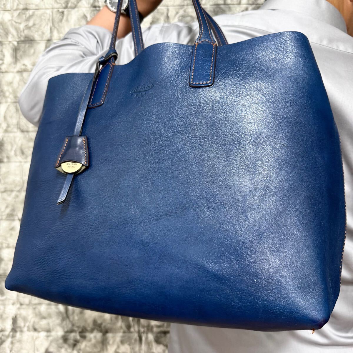 希少色/大容量◎ ボルドリーニセレリア BOLDRINI SELLERIA メンズ ビジネス レザー 本革 トートバッグ 肩掛け A4 型押し ネイビーブルー