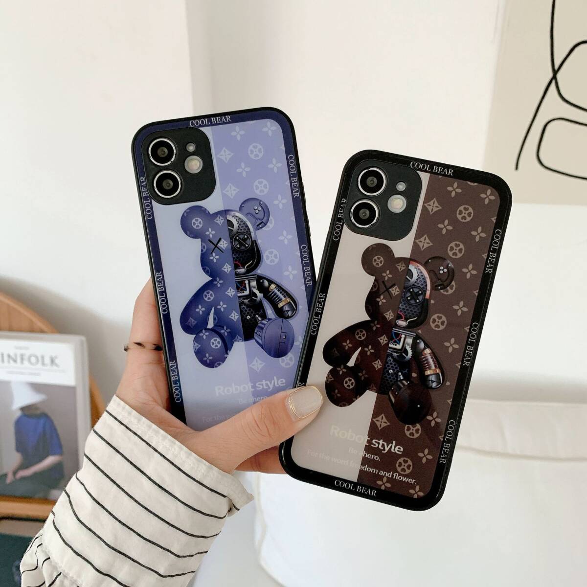 iphone15promaxケース カーバー TPU 可愛い　熊　ガラス　お洒落　軽い ケース 耐衝撃高品質ブルー128