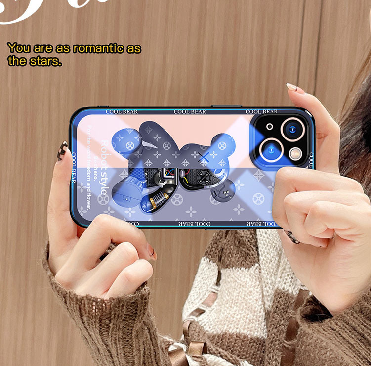iphone13ケース カーバー TPU 可愛い　熊　ガラス　お洒落　軽量 ケース 耐衝撃高品質ブルー492